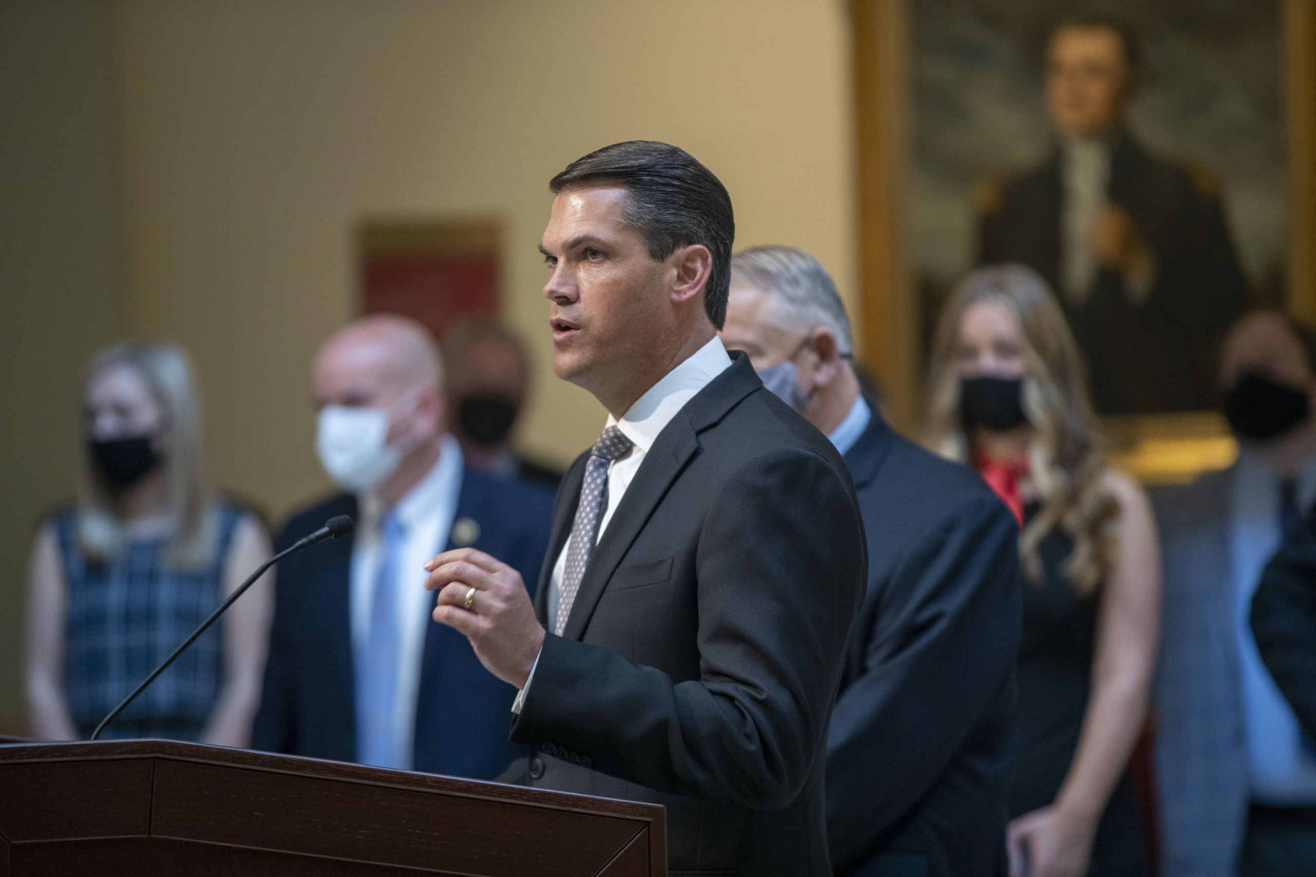 Lt. Gov. Geoff Duncan speaks during a news conference held by Gov. Brian Kemp at the Georgia State Capitol in Atlanta on March 22, 2021.