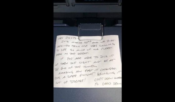 First Officer Chris Dennis wrote a note on Delta Air Lines plane 3009 before it was put into a storage facility in Victorville, California, on March 23, 2020, at the beginning of the pandemic.