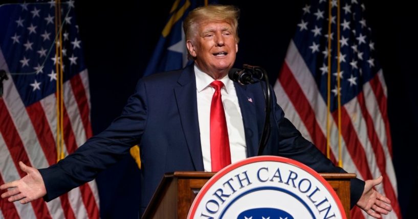 Former President Donald Trump addresses the North Carolina GOP state convention on Saturday in Greenville, North Carolina.