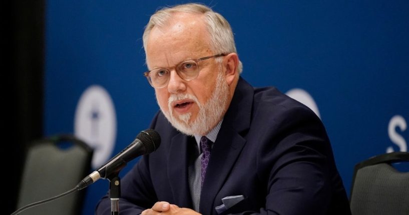 Pastor Ed Litton of Saraland, Alabama, answers questions after being elected president of the Southern Baptist Convention on Tuesday in Nashville, Tennessee.