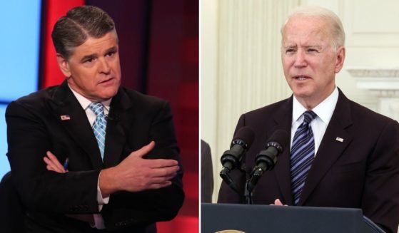 Fox News' Sean Hannity, left, took a jab at Olympic competitor Gwen Berry and President Joe Biden, right, for their treatment of the national anthem and American flag.