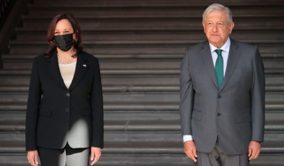 Mexican President Andrés Manuel López Obrador, right, and American Vice President Kamala Harris pose after the signing of a memorandum of understanding focused on immigration issues in America at Palacio Nacional on Tuesday in Mexico City, Mexico.