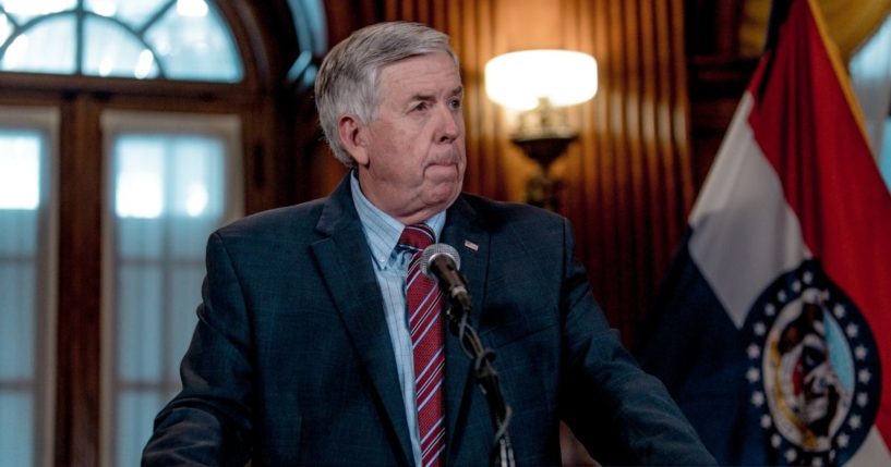 Gov. Mike Parson listens to a media question during a press conference to discuss the status of license renewal for the St. Louis Planned Parenthood facility on May 29, 2019, in Jefferson City, Missouri.