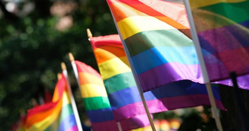 Pride flags decorate Christopher Park on June 22, 2020, in New York City.