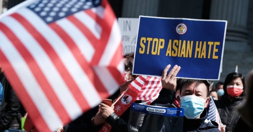 People participate in a protest against anti-Asian violence on April 4, 2021, in New York City.