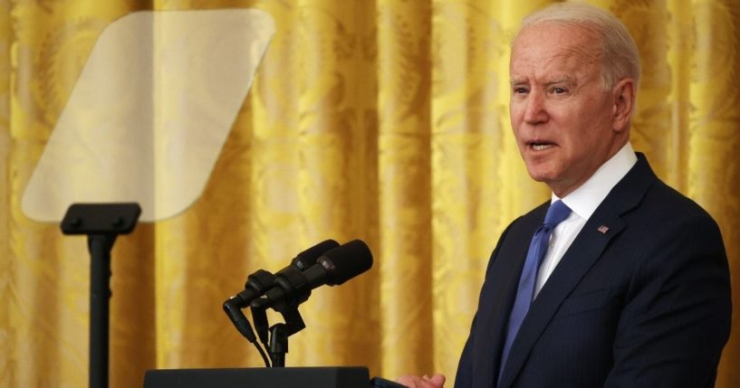 President Joe Biden delivers remarks during an event commemorating LGBT Pride Month in the East Room of the White House on Friday in Washington, D.C.