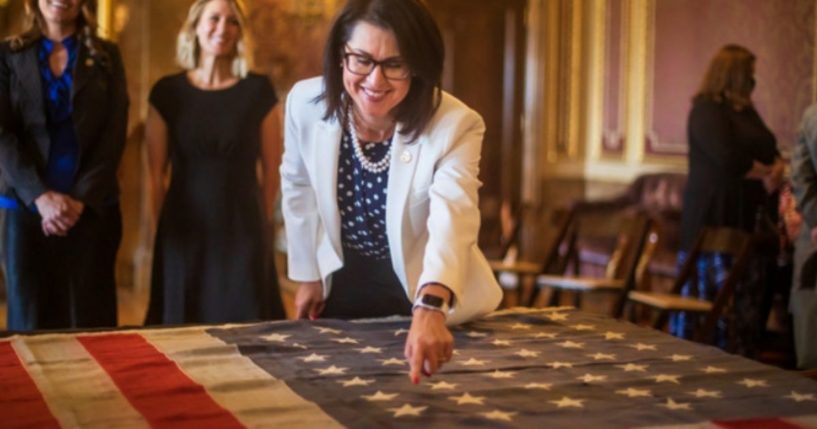 n a ceremony this past May, Utah Lt. Gov. Deidre Henderson points to the 45th star of the original 45-star flag made in 1896, after Utah became a state on Jan. 4 of that year.