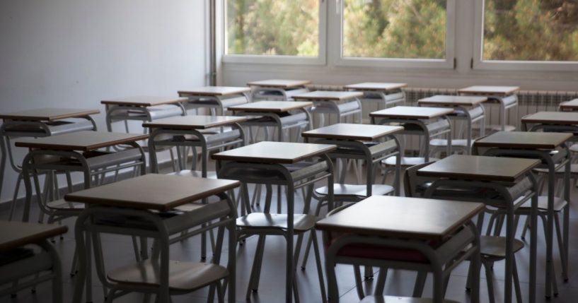 An empty classroom is photographed at the Liceo Europeo school during the COVID-19 lockdown on​ May 22, 2020, in Alcobendas, Madrid, Spain.