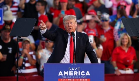 Former President Donald Trump speaks to a crowd gathered at the Lorain County Fairgrounds in Wellington, Ohio, on Saturday.