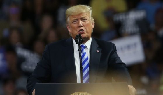 Then-President Donald Trump speaks a rally at the Charleston Civic Center on Aug. 21, 2018, in Charleston, West Virginia.