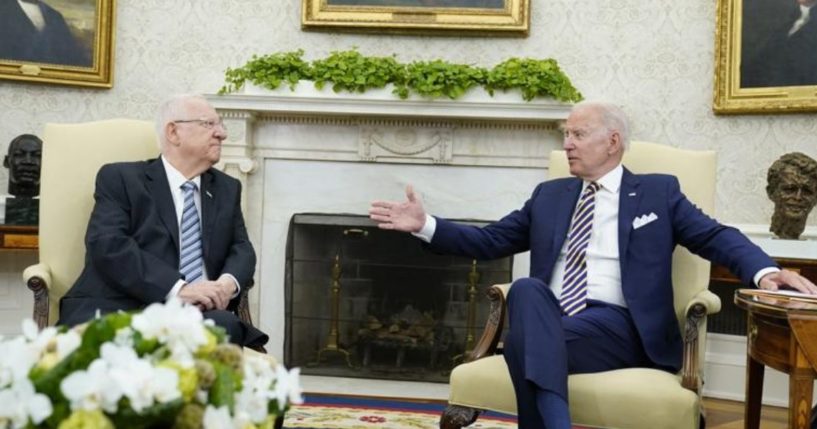 President Joe Biden meets with Israeli President Reuven Rivlin in the Oval Office of the White House in Washington D.C. on Monday.