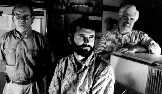 From left to right, Dr. Jay Hecker, Dr. Robert Malone and Dr. Gary Rhodes are pictured in the Department of Pathology in the School of Medicine at the University of California, Davis, in the mid-1990s.