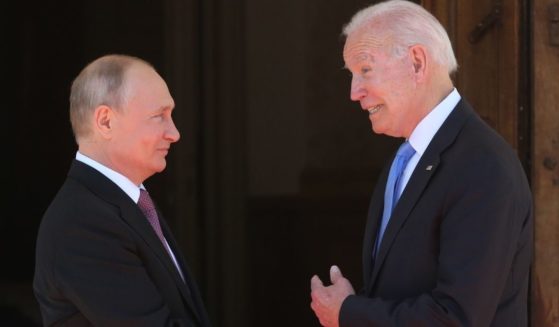 Russian President Vladimir Putin, left, greets U.S. President Joe Biden during the U.S.-Russia summit Wednesday in Geneva, Switzerland.