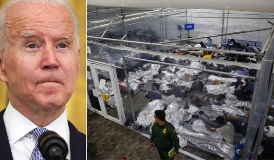 At left, President Joe Biden speaks about COVID-19 in the East Room of the White House in Washington on Thursday. At right, young children lie inside a pod at the Department of Homeland Security holding facility in Donna, Texas, on March 30.