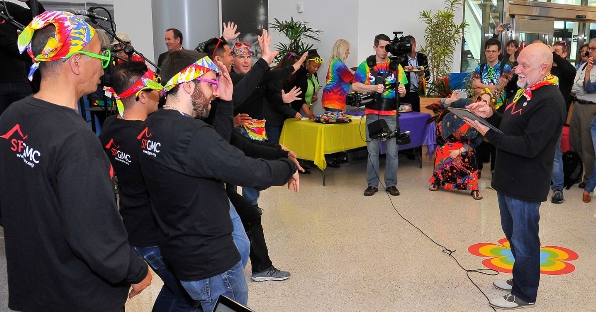 The San Francisco Gay Men's Chorus performs at the San Francisco International Airport in celebration of the 50th anniversary of the "Summer of Love" on May 13, 2017.