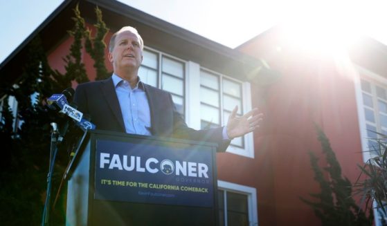 Former San Diego Mayor and republican candidate for California Governor Kevin Faulconer speaks during a news conference in front of Abraham Lincoln High School on Feb. 17 in San Francisco.