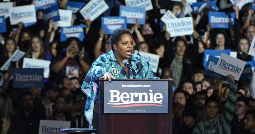 Black Lives Matter co-founder Patrisse Cullors speaks at a Bernie Sanders 2020 presidential campaign rally at Los Angeles Convention Center on March 1, 2020, in Los Angeles.