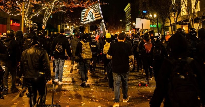 Leftist protesters march in Portland, Oregon, on Nov. 4, 2020.