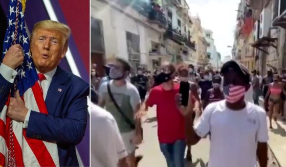 At left, then-President Donald Trump hugs the American flag during the annual Conservative Political Action Conference at the Gaylord National Resort and Convention Center in National Harbor, Maryland, on Feb. 29, 2020. At right, Cubans display the flag as they take to the streets in protest.