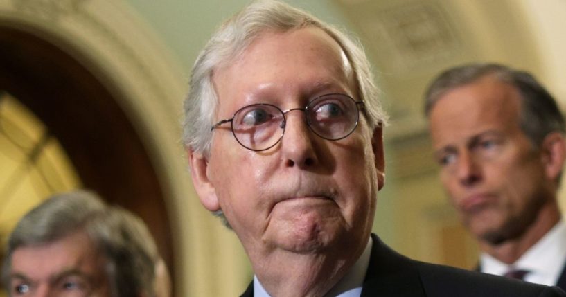 Senate Minority Leader Mitch McConnell listens during a news briefing after the weekly Senate Republican Policy Luncheon at the U.S. Capitol on June 22, 2021, in Washington, D.C.