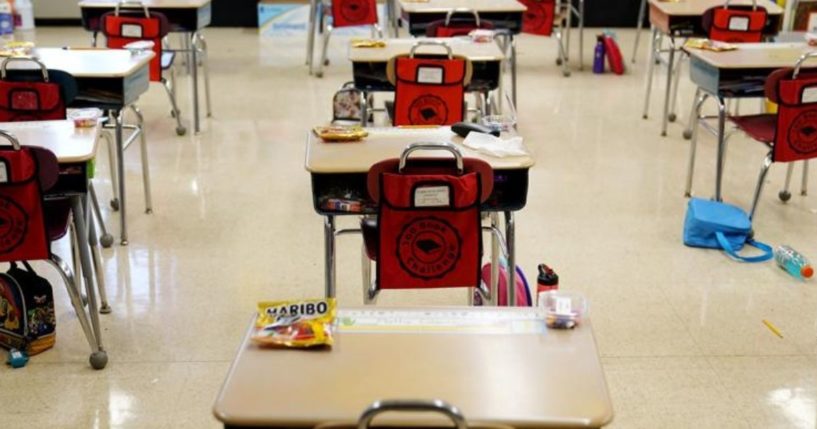 Desks are arranged in a classroom at an elementary school in Nesquehoning, Pennsylvania, on March 11.