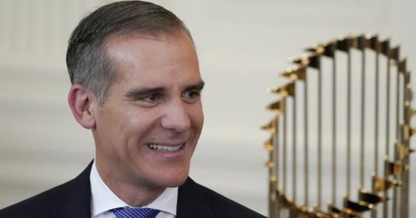 Los Angeles Mayor Eric Garcetti arrives for an event to honor the 2020 World Series champion Los Angeles Dodgers baseball team at the White House on Friday in Washington, D.C.