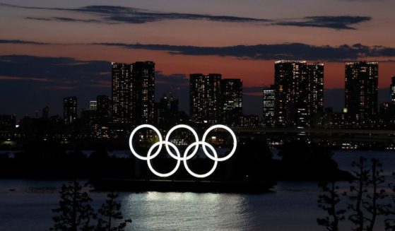 The Olympic Rings are displayed by the Odaiba Marine Park Olympic venue ahead of the Tokyo 2020 Olympic Games on Monday in Tokyo.