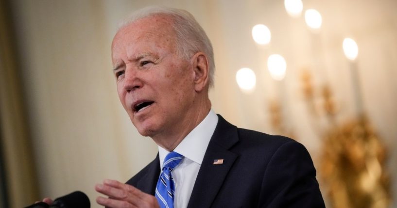 President Joe Biden speaks in the State Dining Room of the White House in Washington on Monday.