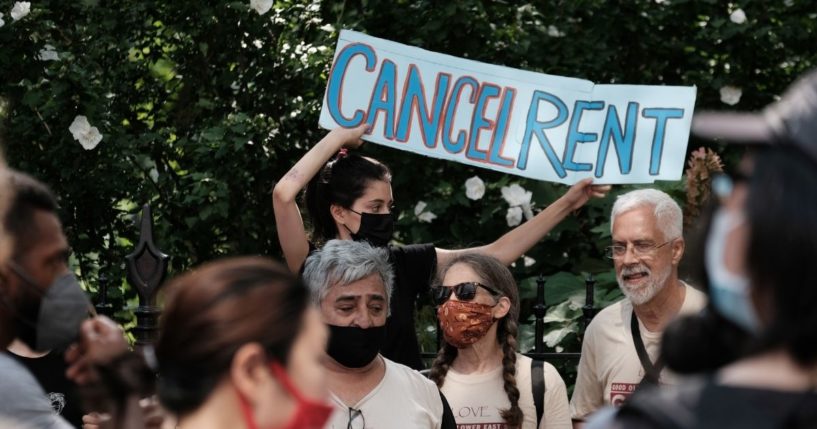 Activists hold a protest against evictions near City Hall on Wednesday in New York City.