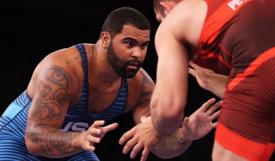 Gable Steveson of the United States competes against Geno Petriashvili of Georgia during the men’s freestyle wrestling 125-kilogram gold medal match at the Tokyo Olympic Games on Friday in Chiba, Japan.