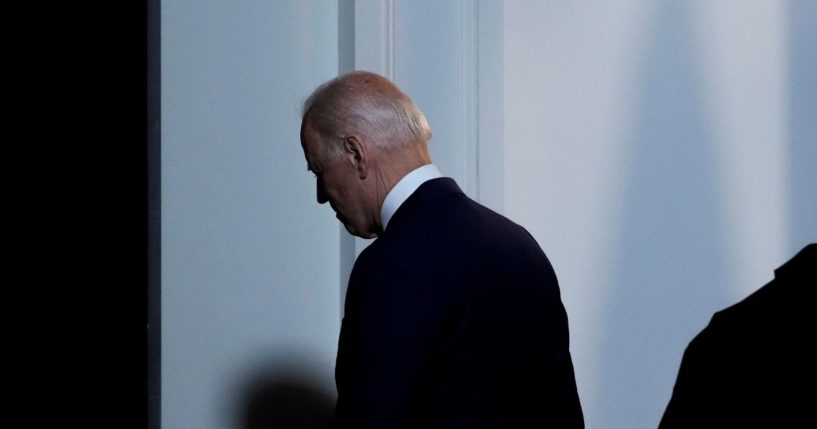 President Joe Biden departs after speaking in the South Court Auditorium at the White House complex on Monday in Washington, D.C.