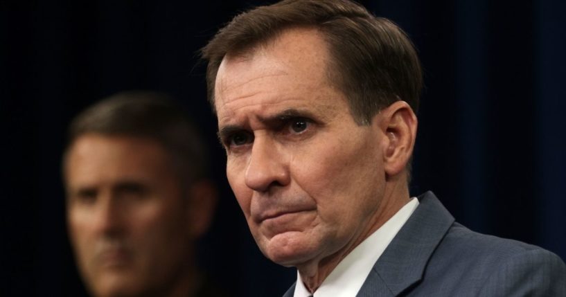 Pentagon spokesperson John Kirby speaks during a news briefing at the Pentagon on Aug. 17, 2021, in Arlington, Virginia.