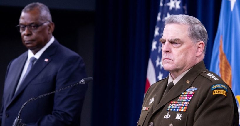 Secretary of Defense Lloyd Austin, left, and Army Gen. Mark Milley, chairman of the Joint Chiefs of Staff, hold a media briefing about the withdrawal from Afghanistan at the Pentagon in Washington, D.C.