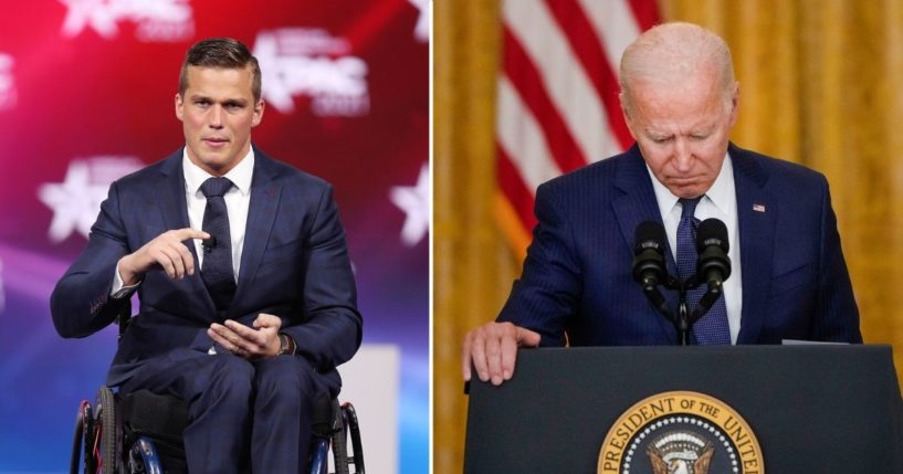 Rep. Madison Cawthorn addresses the Conservative Political Action Conference on Feb. 26, 2021, in Orlando. President Joe Biden pauses while he speaks about the situation in Afghanistan in the East Room of the White House on Thursday in Washington, D.C.