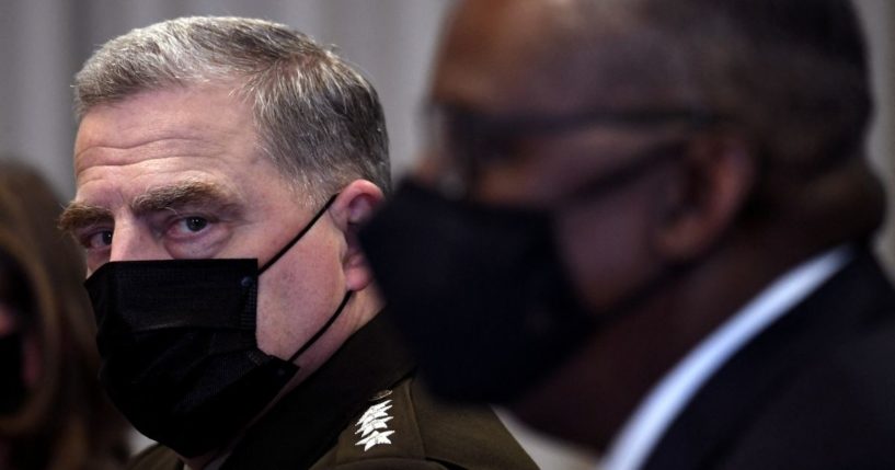 Defense Secretary Lloyd Austin, right, is seen with Chairman of the Joint Chiefs of Staff General Mark Milley at the Pentagon in Washington, D.C., on Thursday.