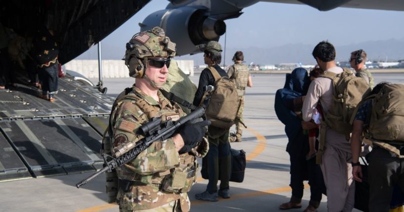 U.S. Air Force loadmasters and pilots assigned to the 816th Expeditionary Airlift Squadron, load passengers aboard a U.S. Air Force C-17 Globemaster III at Hamid Karzai International Airport last week.