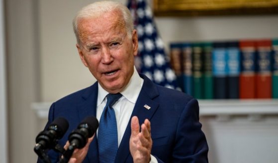 President Joe Biden is seen speaking in the Roosevelt Room at the White House on Sunday.