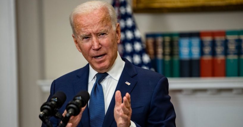 President Joe Biden is seen speaking in the Roosevelt Room at the White House on Sunday.