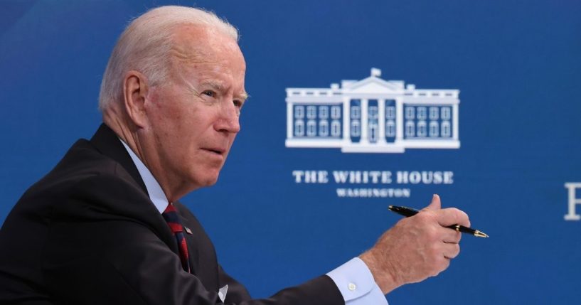 President Joe Biden attends a virtual conference in the South Court Auditorium in the Eisenhower Executive Office Building in Washington, D.C., on Monday.