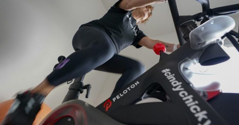 Peloton user Cindy Cicchinelli is seen exercising at her home in Pittsburgh, Pennsylvania, in a photo taken on Sunday.