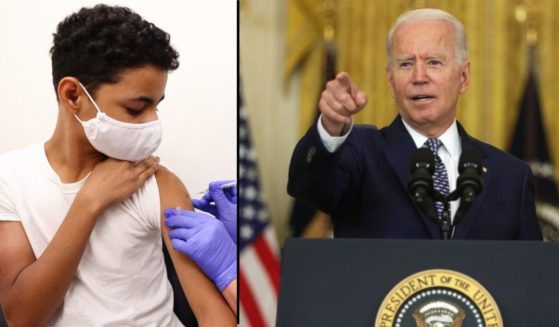 A 14-year-old boy, left, receives a COVID-19 vaccine on Tuesday in Lake Charles, Louisiana. President Joe Biden speaks in the East Room of the White House on Tuesday in Washington, D.C.