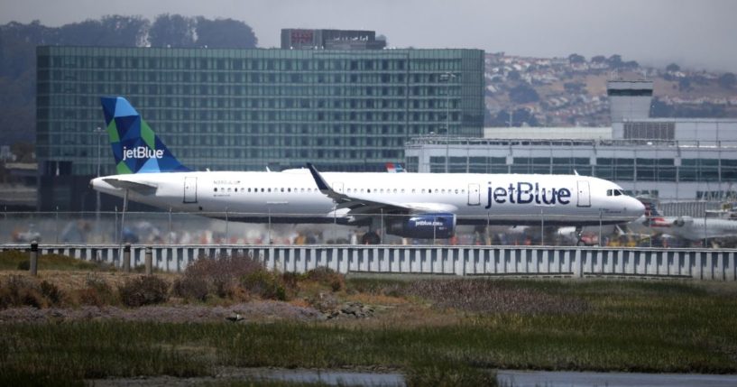 A JetBlue Airways plane takes off from San Francisco International Airport on July 28, 2020, in San Francisco, California.