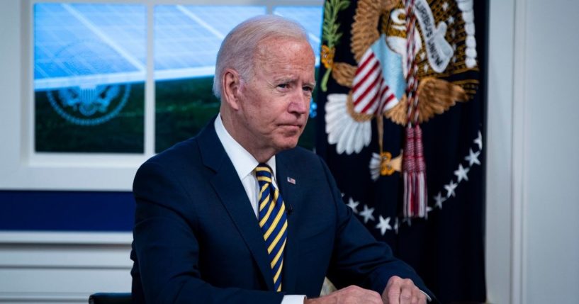 President Joe Biden participates in a conference call in the Eisenhower Executive Office Building on Friday in Washington, D.C.