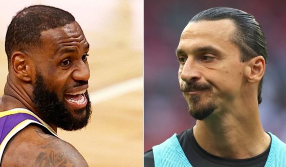 At left, LeBron James of the Los Angeles Lakers is seen in action against the Boston Celtics at TD Garden in Boston on Jan. 30, 2021 in Boston, Massachusetts. At right, Zlatan Ibrahimovic of AC Milan reacts before a Serie A match against SS Lazio at Stadio Giuseppe Meazza in Milan, Italy, on Sunday.