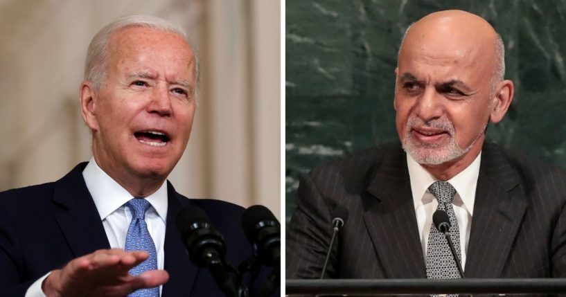 President Joe Biden, left; and former Afghan President Ashraf Ghani, right.