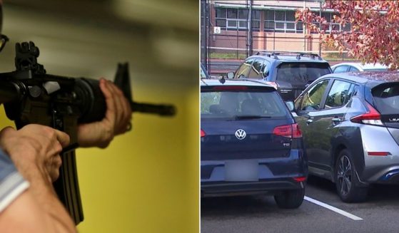A man with an AR-15 rifle, left, threatened students in the parking lot at Ingraham High School in Seattle, right.