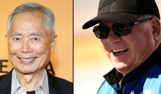 George Takei, left, is seen at Golden Theatre on Wednesday in New York City. William Shatner speaks to the media on Wednesday near Van Horn, Texas.