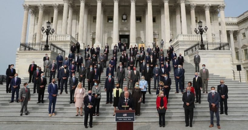 House Republicans gather on the East Steps of the House of Representatives to introduce their proposed legislative agenda on Sept. 15, 2020, in Washington, D.C.