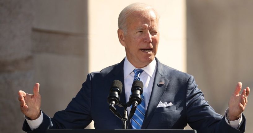 President Joe Biden delivers remarks during the 10th-anniversary celebration of the Martin Luther King Jr. Memorial near the Tidal Basin on the National Mall on Thursday in Washington, D.C.