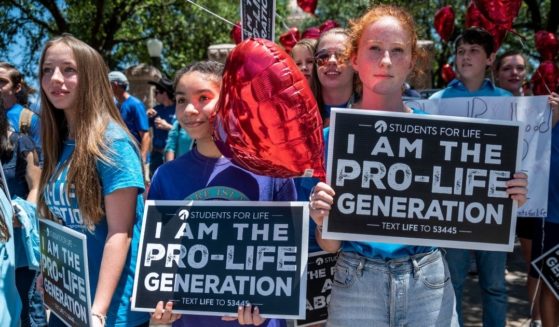 Pro-life protesters stand near the gate of the Texas state Capitol in Austin on May 29.